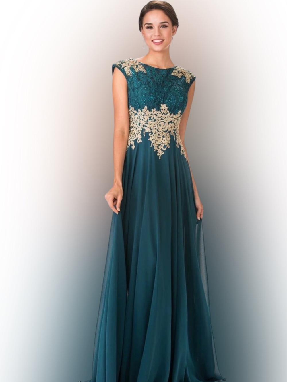 Teal Maxi Gown with Gold Lace Appliqué